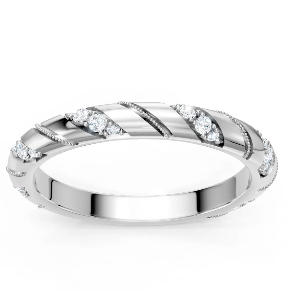 Silver ring with diamond accents on a white background