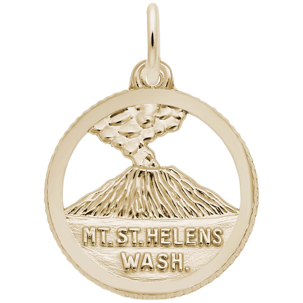 Gold disc  charm depicting Mount St. Helens with 'Mt. St. Helens Wash.' text on a white background