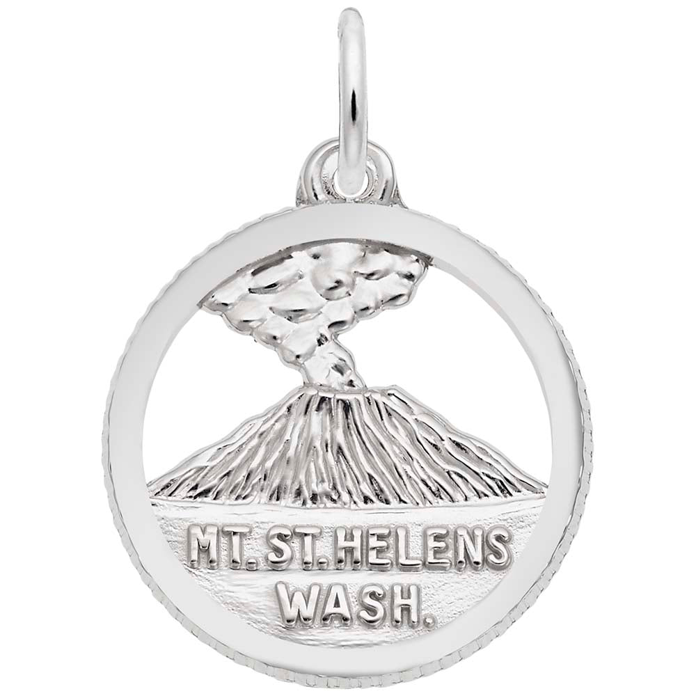 Silver disc  charm depicting Mount St. Helens with 'Mt. St. Helens Wash.' text on a white background