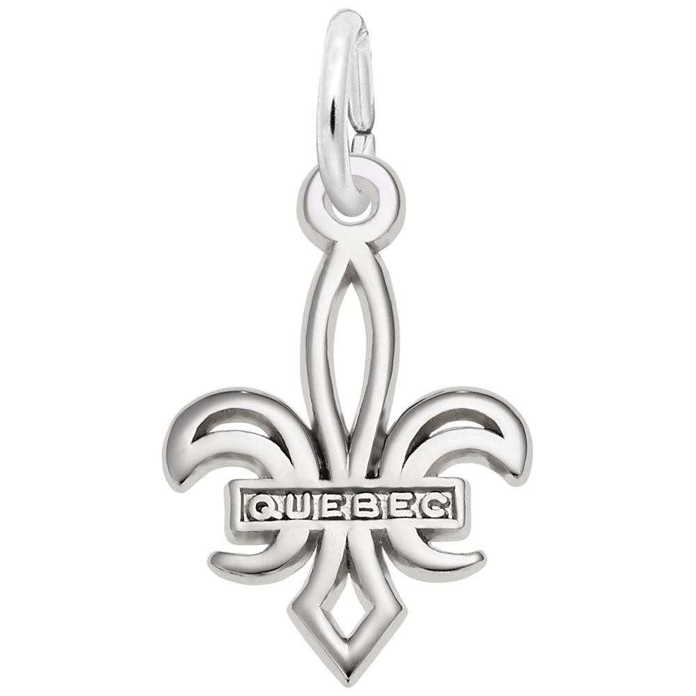 Silver Fleur De Lis charm with 'Quebec' text, shown on a white background