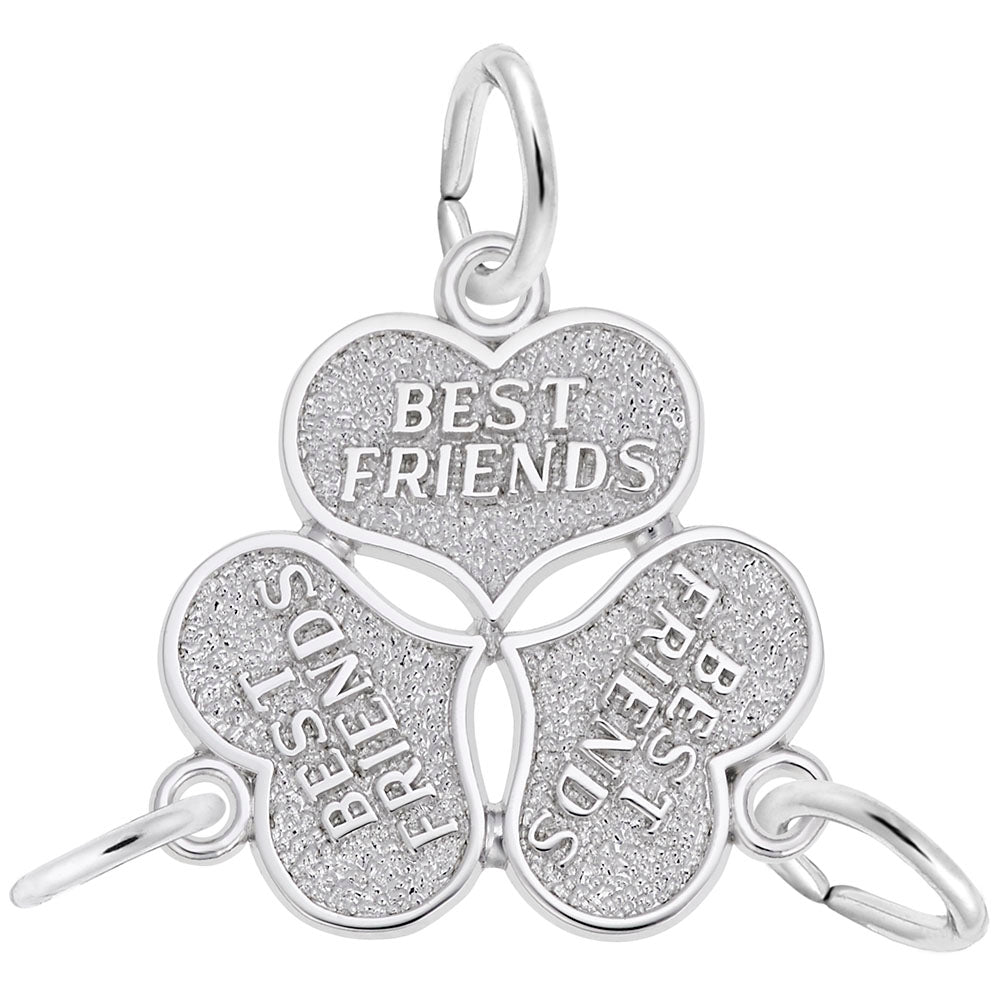 Silver 3 part charm with 'Best Friends' engraved on it on a white background