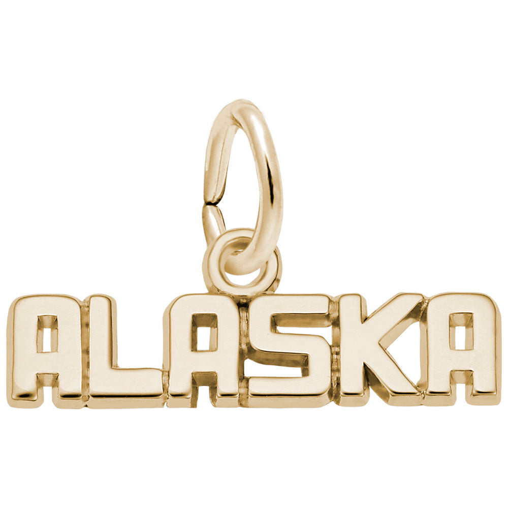 Polished gold 'ALASKA' text charm, shown on a plain white background