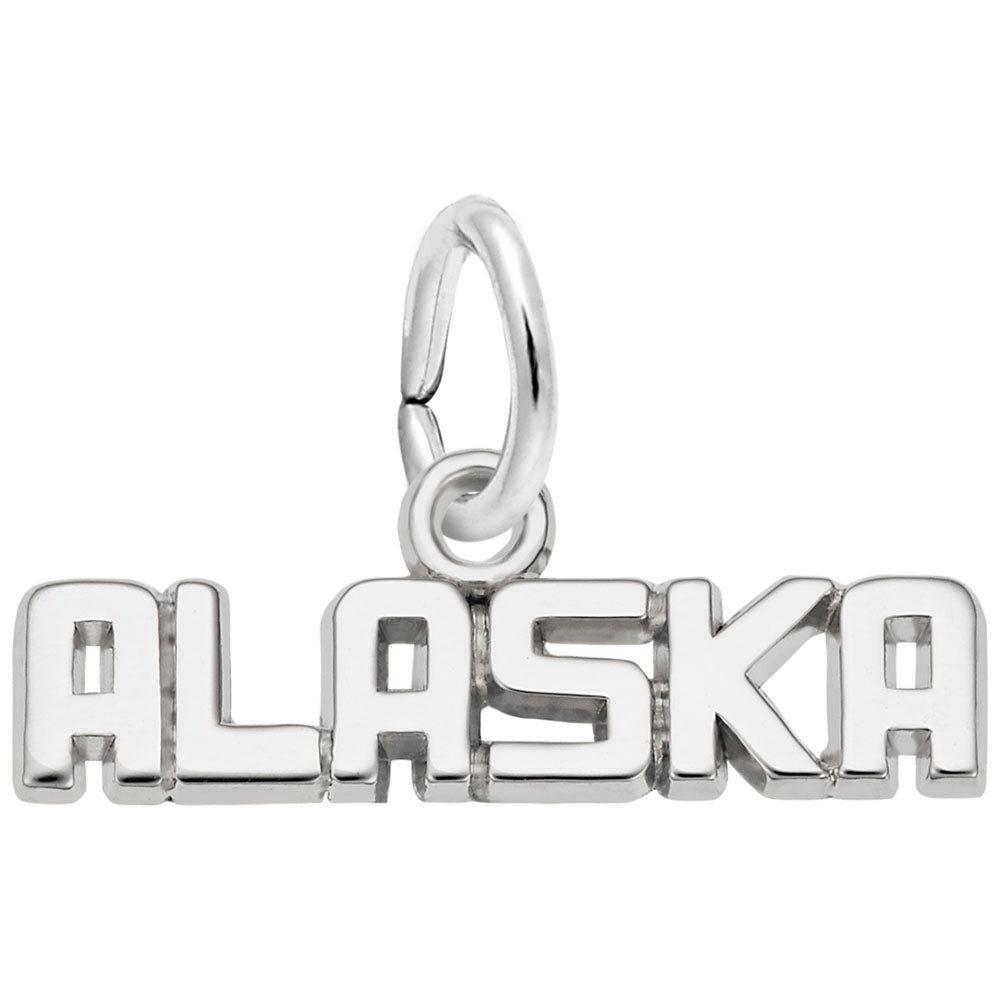 Polished silver 'ALASKA' text charm, shown on a plain white background