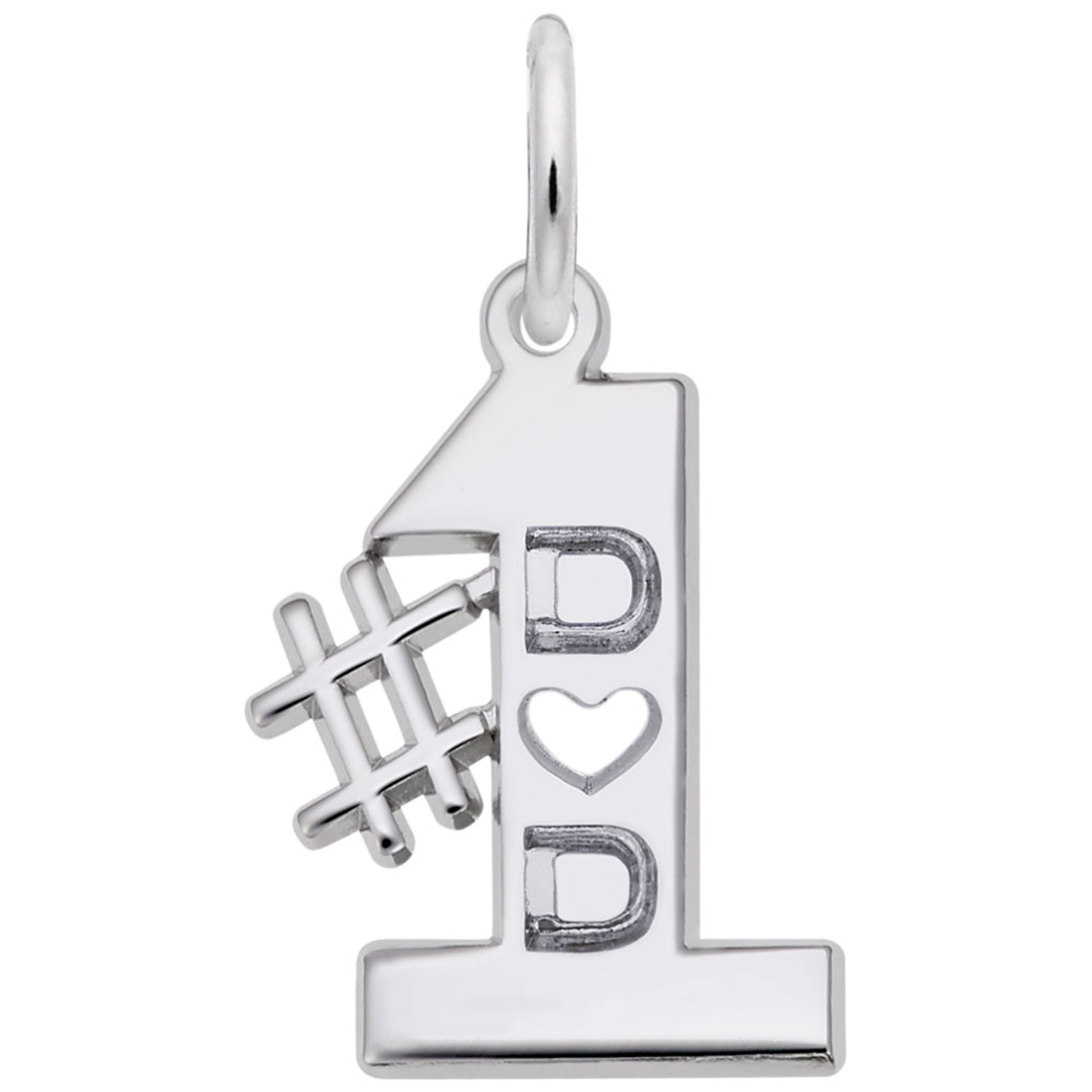 Silver #1 shaped charm with 'DAD' text and heart cutout on a white background