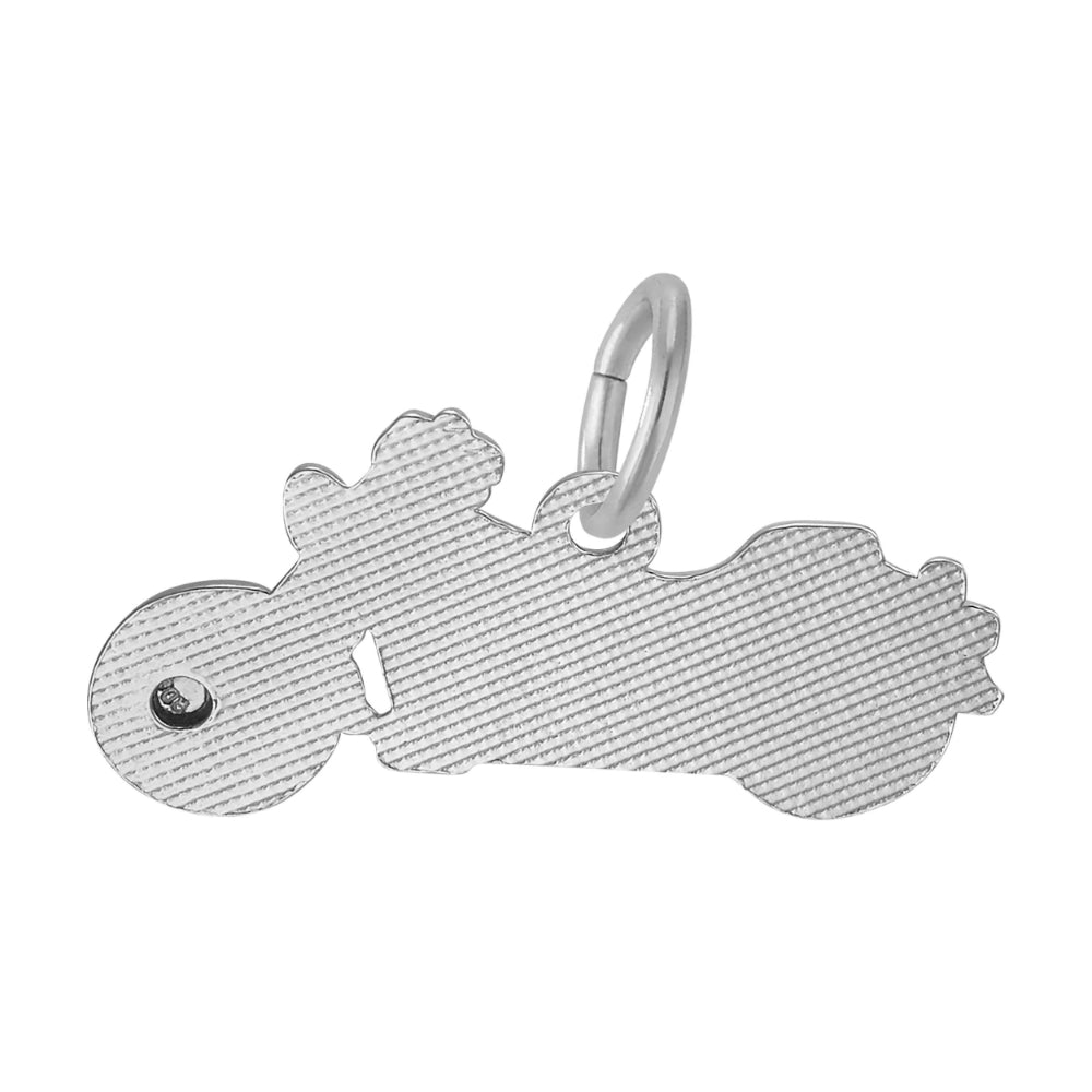 Textured plain back of a silver motorcycle charm, shown on a white background
