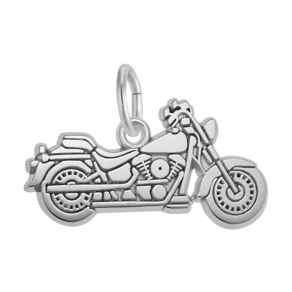 A silver motorcycle charm with an engraved side-profile design, shown on a plain white background.