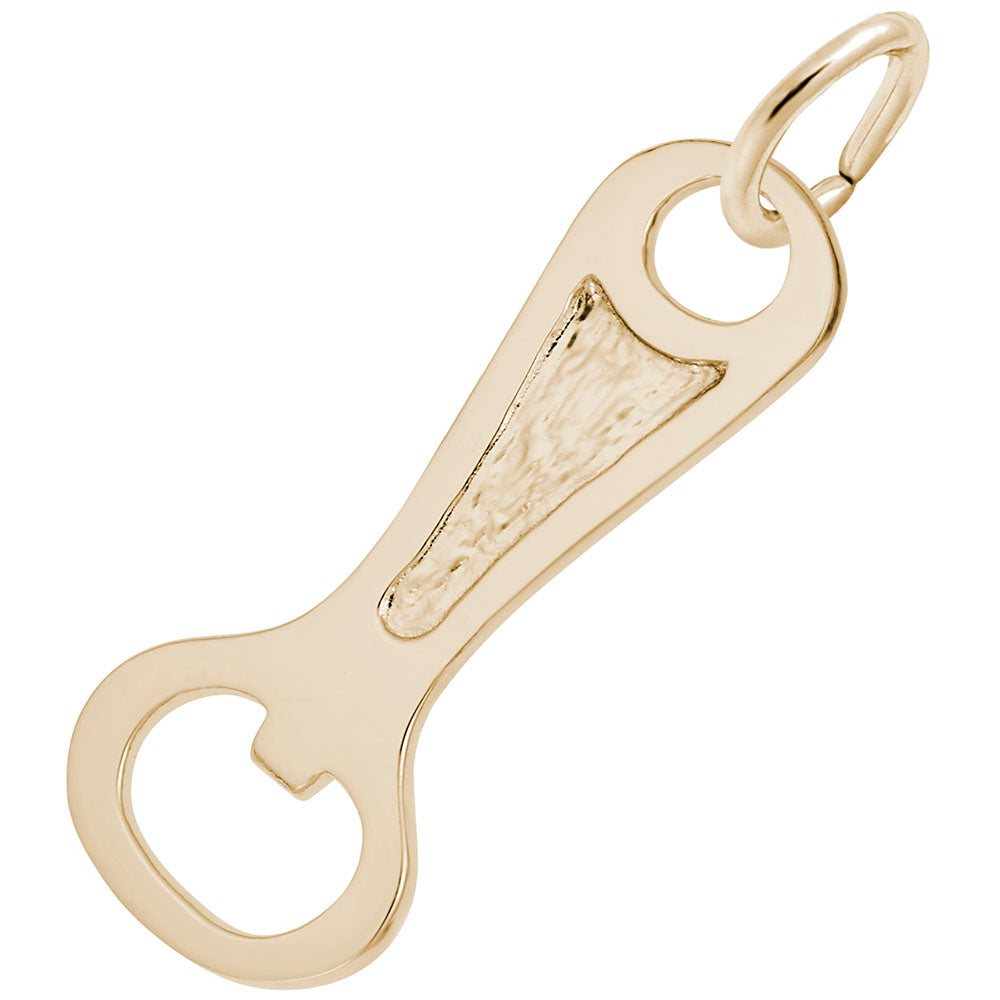 Gold bottle opener charm on a white background