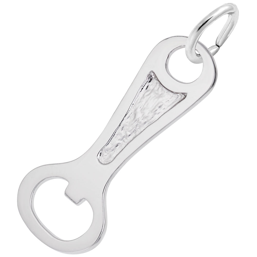 Silver bottle opener charm on a white background