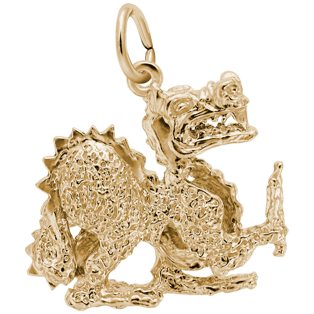 A gold dragon charm with a highly textured, hammered finish and a polished bail at the top, shown against a plain white background.