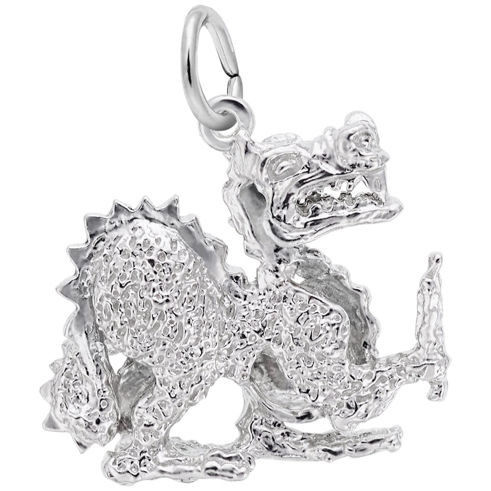 A silver dragon charm with a highly textured, hammered finish and a polished bail at the top, shown against a plain white background.