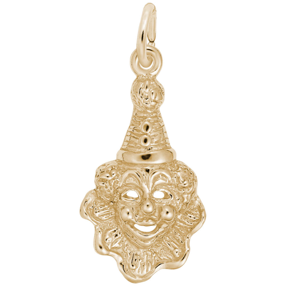 A gold clown face charm pendant with a textured, engraved design and a pointed hat, shown on a plain white background.