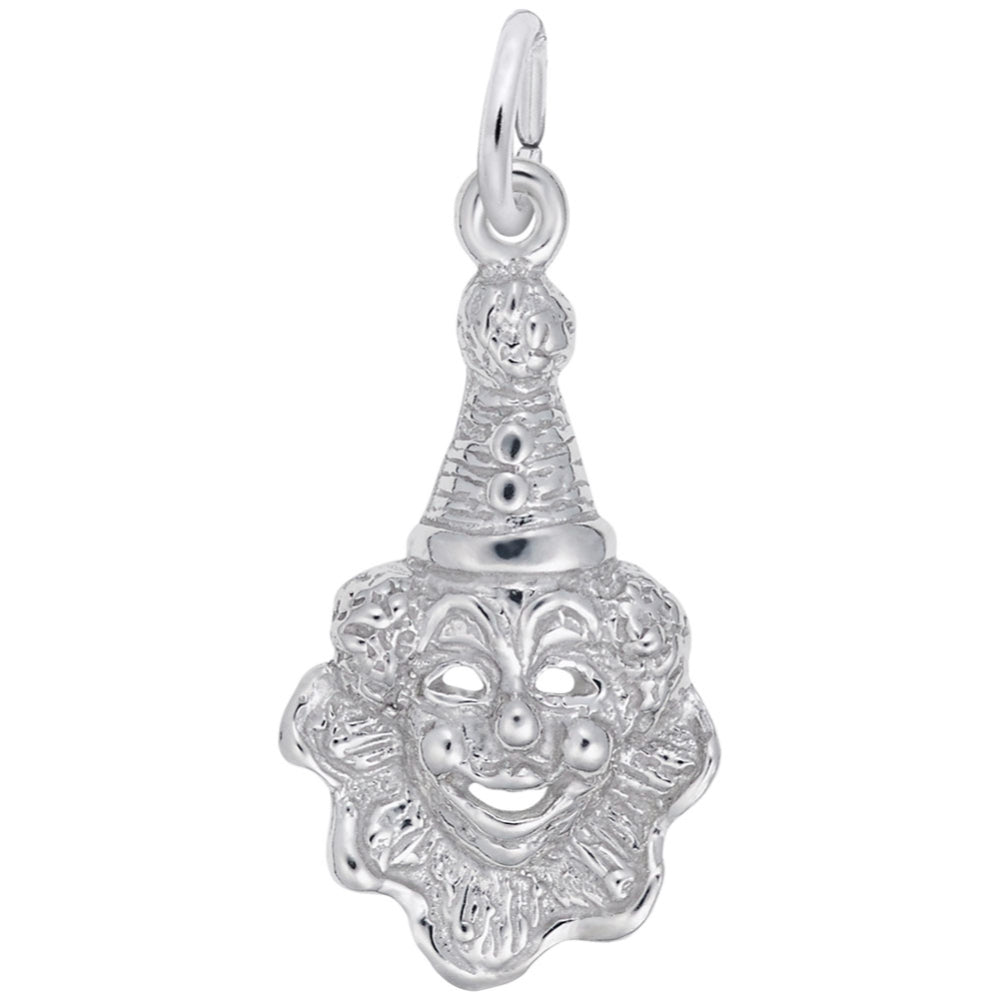 A silver clown face charm pendant with a textured, engraved design and a pointed hat, shown on a plain white background.