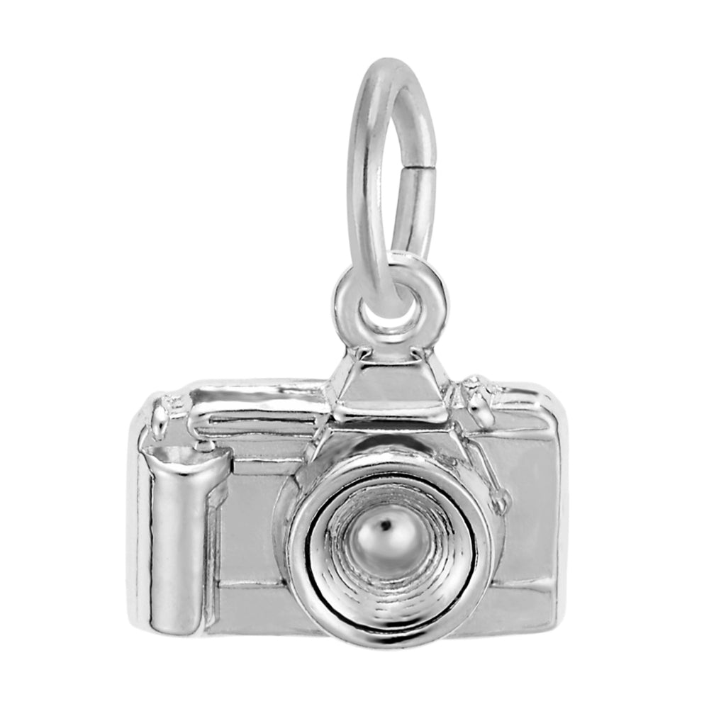 A silver camera charm with a polished finish, shown on a plain white background.