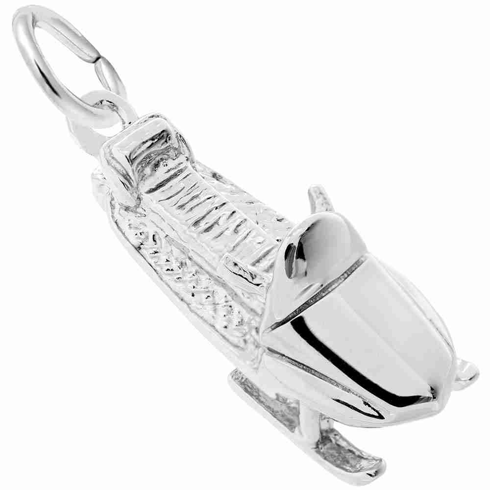 Silver snow mobile charm with textured seat and running boards, shown on a white background