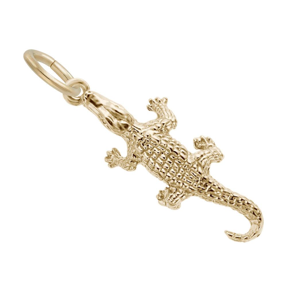 Gold alligator charm with textured back and tail, shown on a plain white background