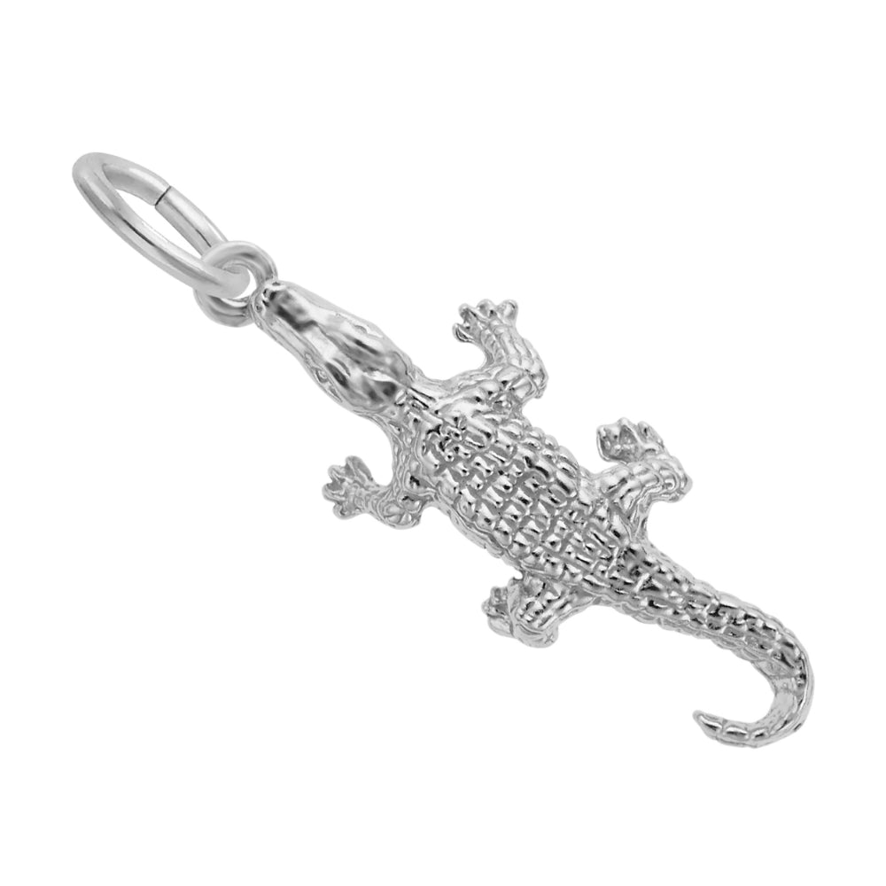 Silver alligator charm with textured back and tail, shown on a plain white background