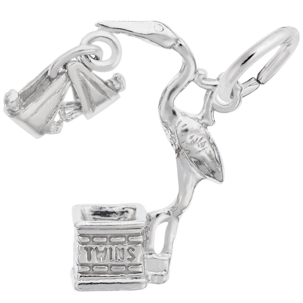 Silver charm with a cranes and two blanketed babies along with 'TWINS' text on a white background
