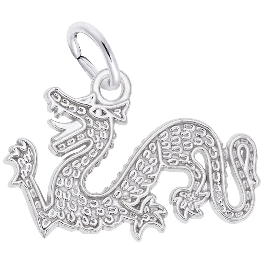 Silver Chinese serpent dragon char with a textured body, shown on  plain white background