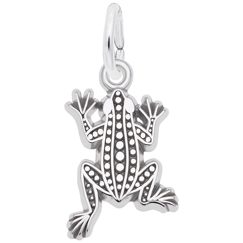 Silver leopard frog charm, shown on a plain white background 