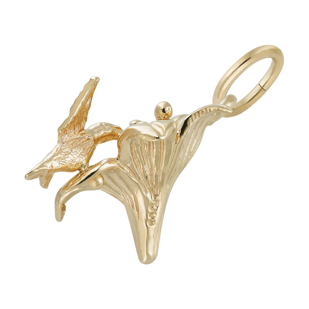 Side view of a gold Hibiscus Flower and Hummingbird charm, shown on a white background
