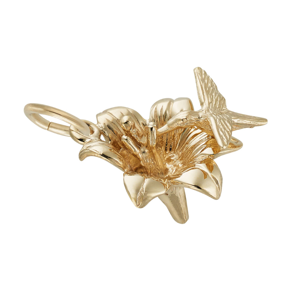 Gold Hibiscus Flower and Hummingbird charm, shown on a white background