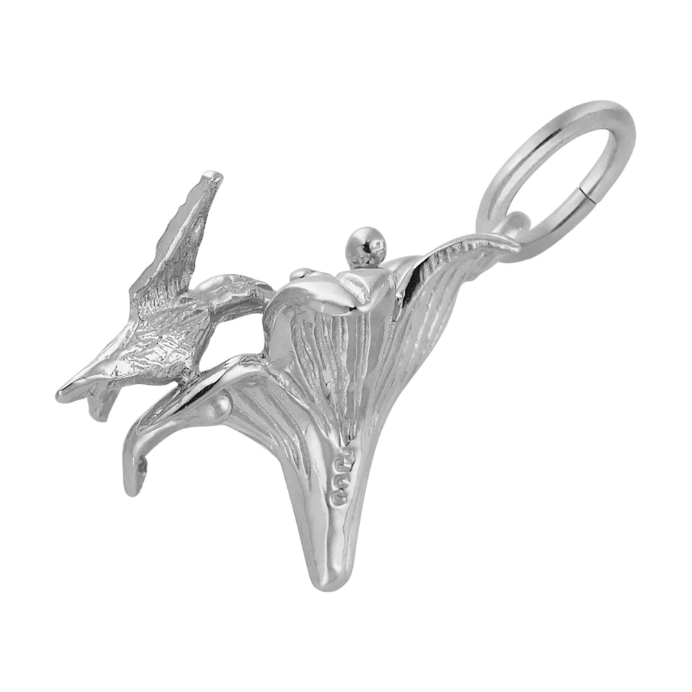Side view of a silver Hibiscus Flower and Hummingbird charm, shown on a white background