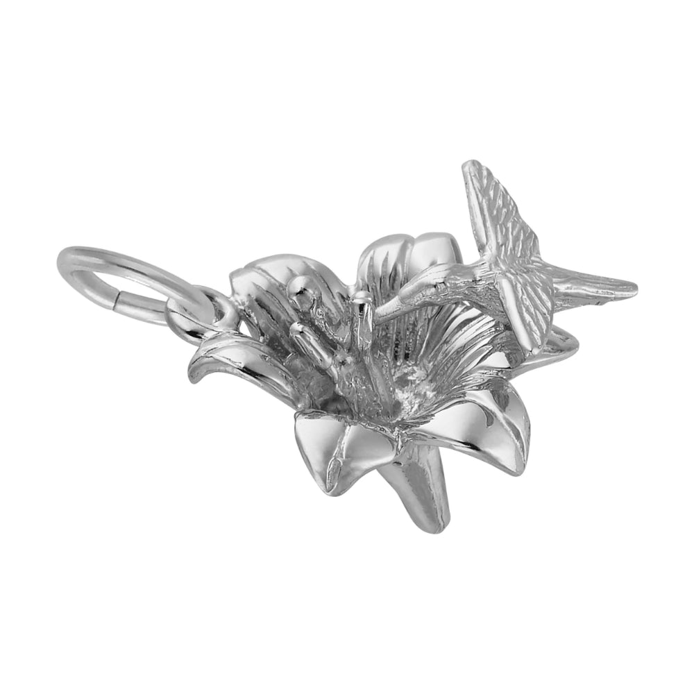 Silver Hibiscus Flower and Hummingbird charm, shown on a white background