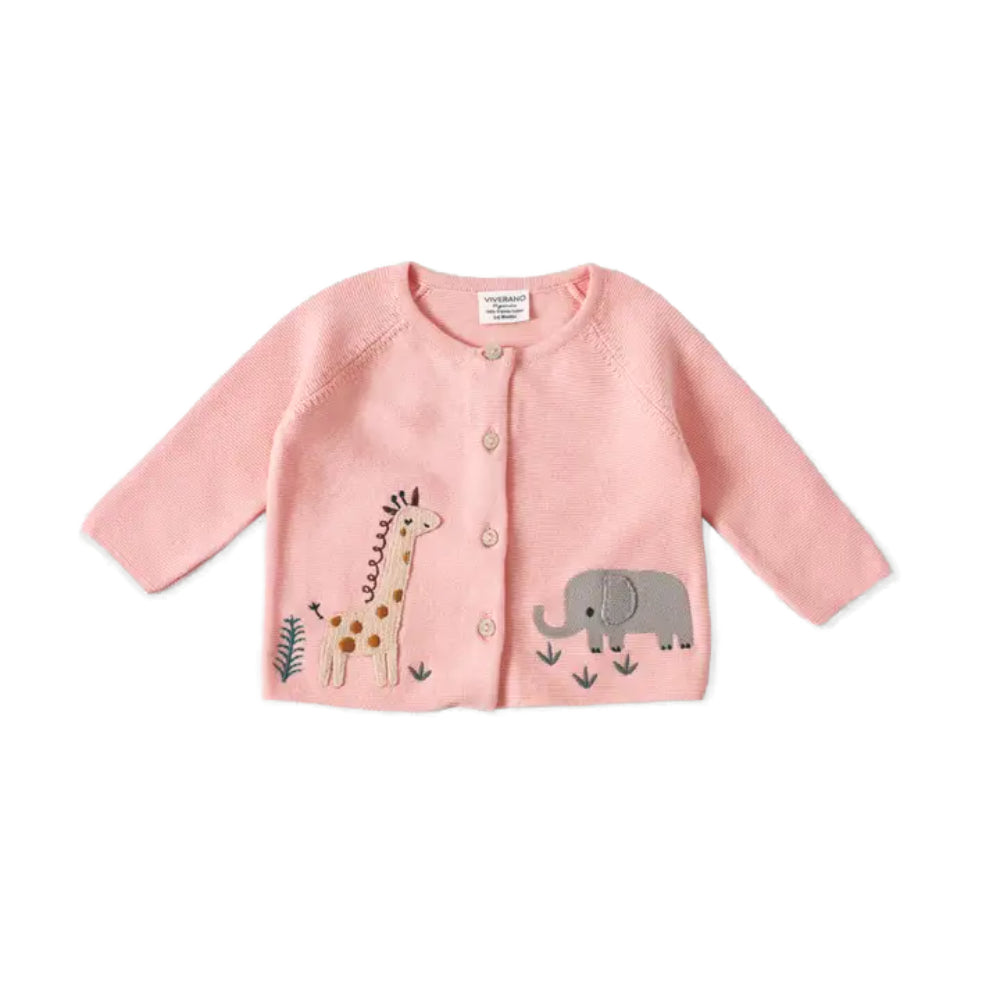Viverano Organics Animal Safari Embroidered Baby Cardigan Sweater (Blush Pink)