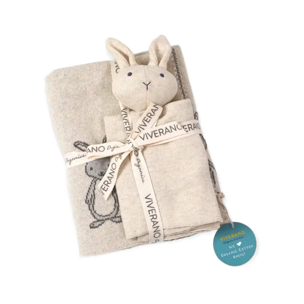 Viverano Organics Bunny Mommy & Me Baby Knit Blanket & Lovey Gift Set