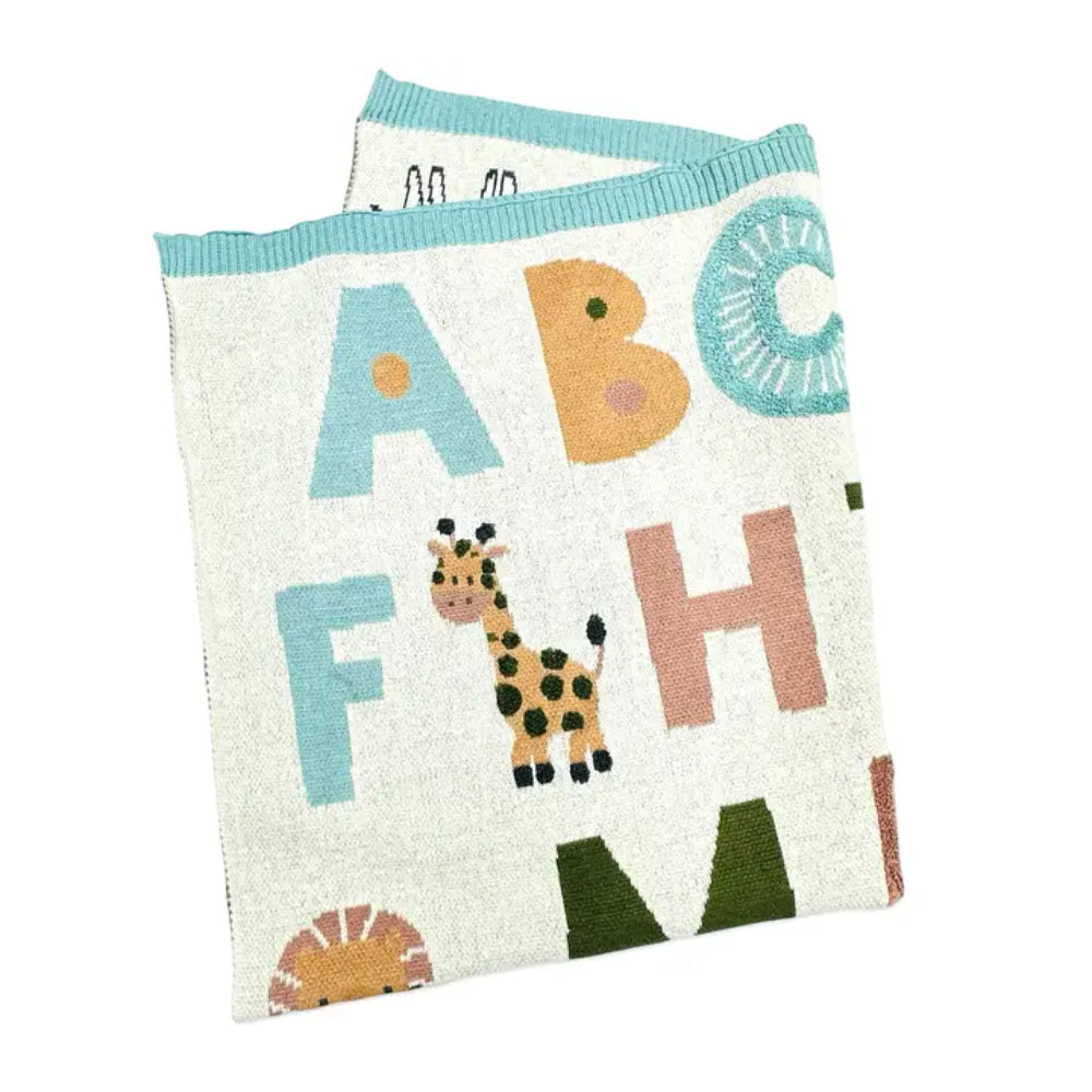 Viverano Organics Alphabet Blue - Organic Jacquard Sweater Knit Baby Blanket