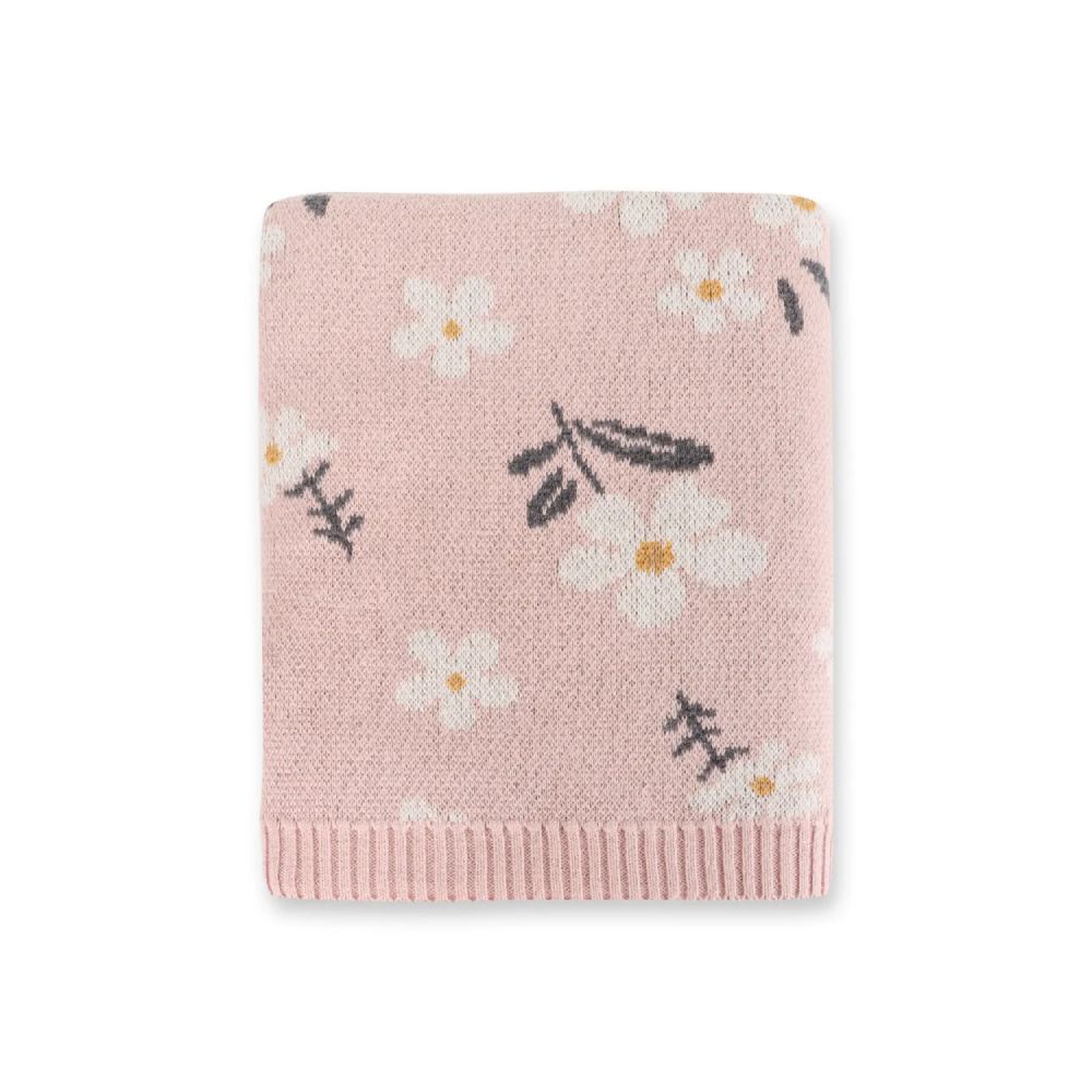 Viverano Organics Organic Jacquard Sweater Knit Baby Blanket-Daisy Floral Blush Pink