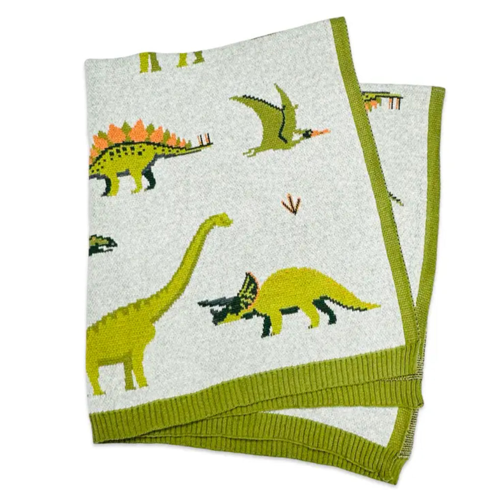 Viverano Organics Green Dinosaur - Organic Jacquard Sweater Knit Baby Blanket