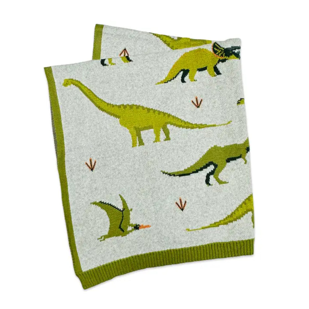 Viverano Organics Green Dinosaur - Organic Jacquard Sweater Knit Baby Blanket