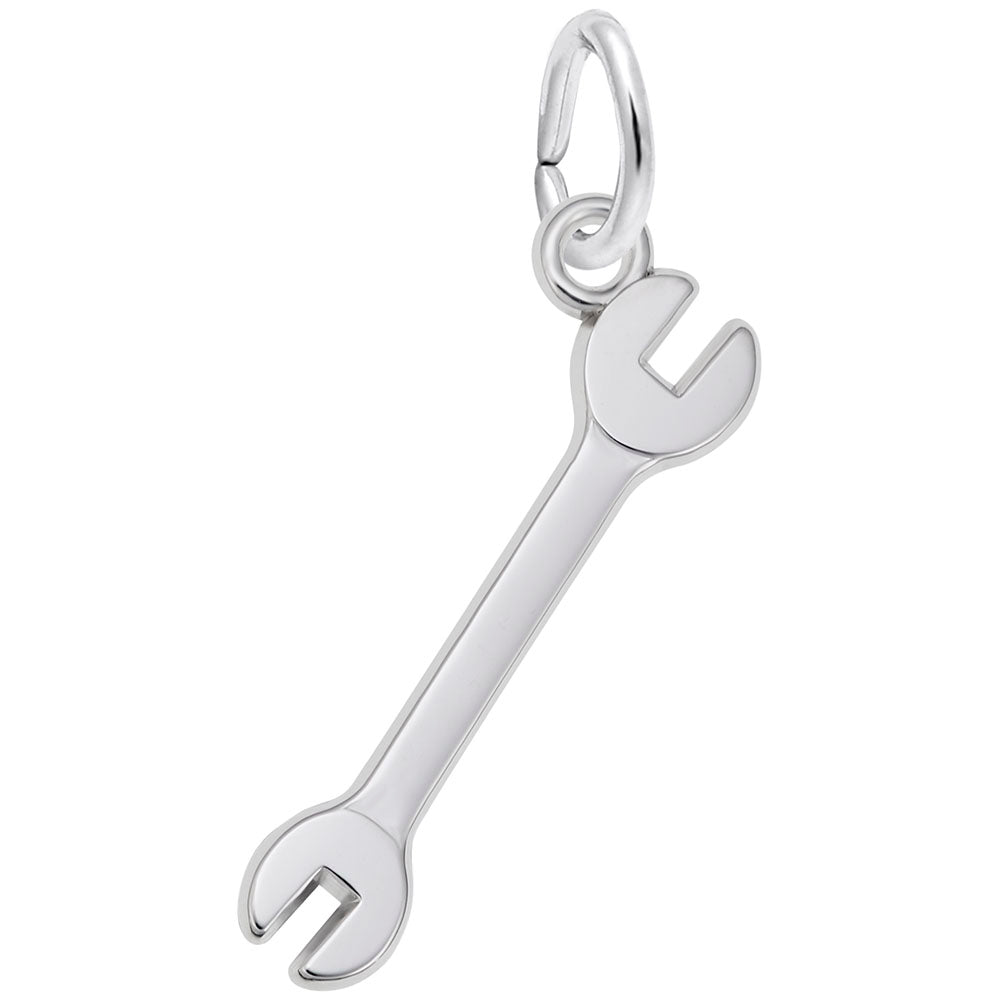 Polished silver wrench charm on a white background