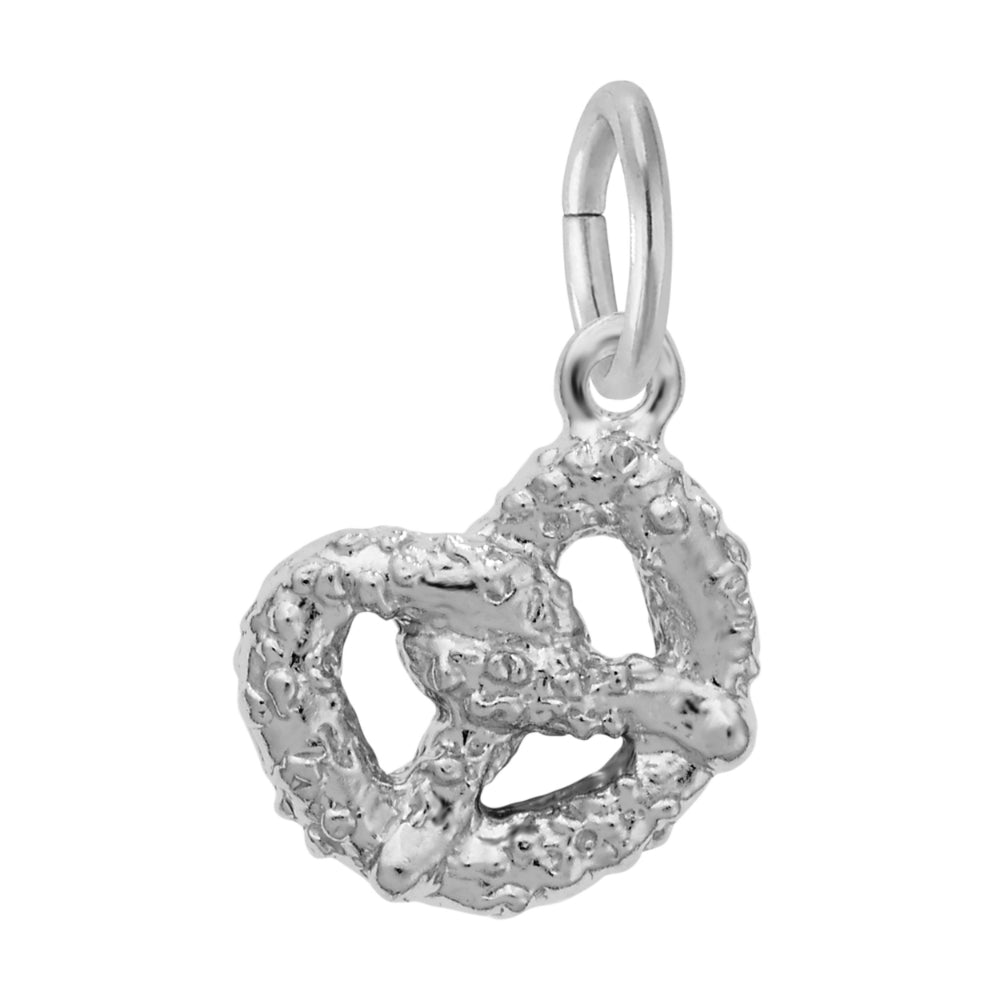 Silver pretzel-shaped textured charm on a white background