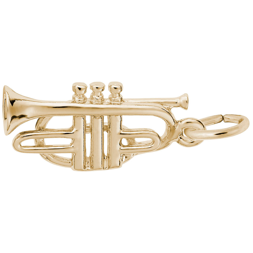 Gold cornet shaped charm with detailed valves and piping, shown on a plain white background