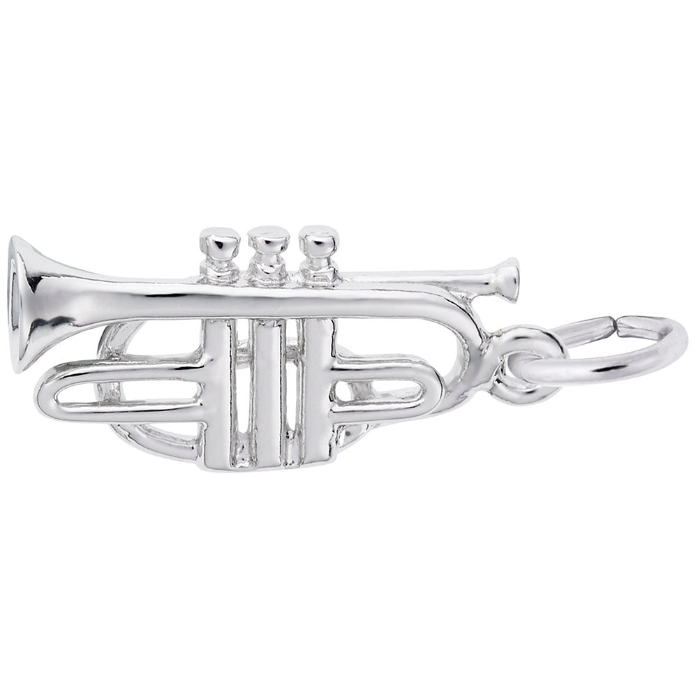 Silver cornet shaped charm with detailed valves and piping, shown on a plain white background
