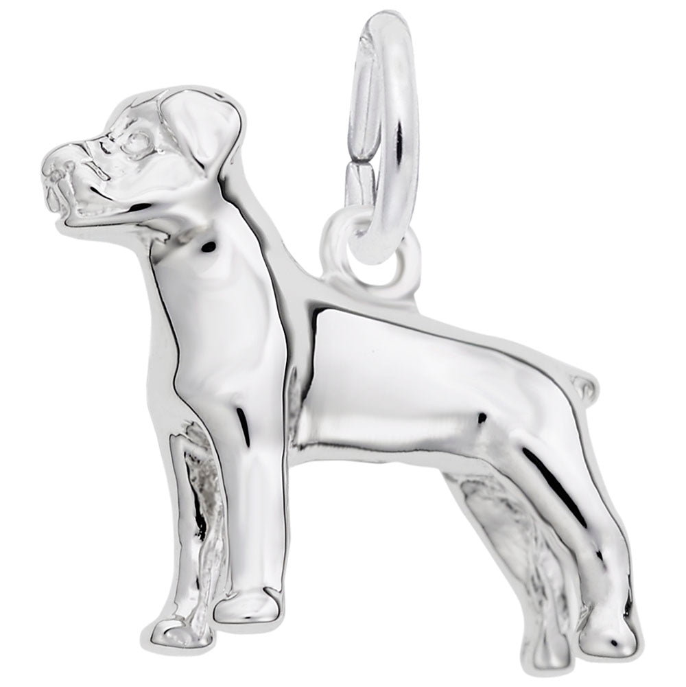 Silver Rottweiler charm with a polished finish, shown on a white background