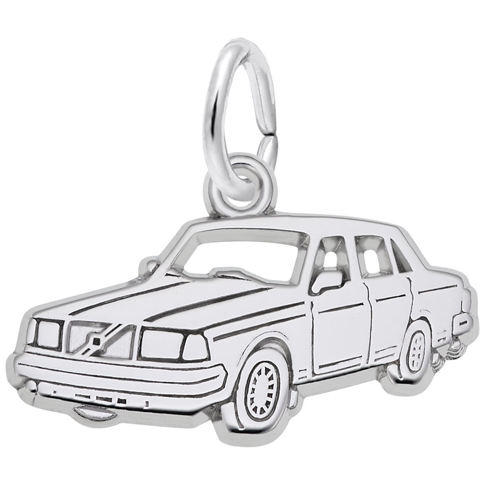 Silver car charm on a white background