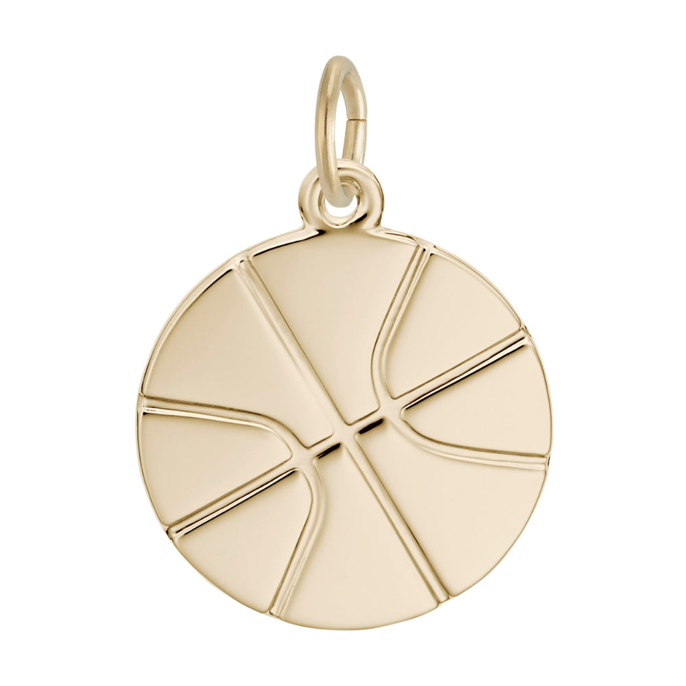 Gold disk charm with basketball design, shown on a white background
