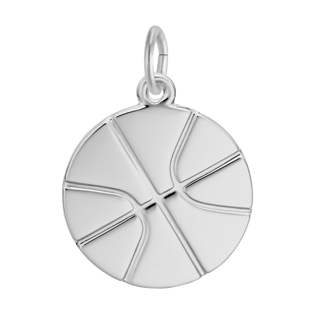 Silver disk charm with basketball design, shown on a white background