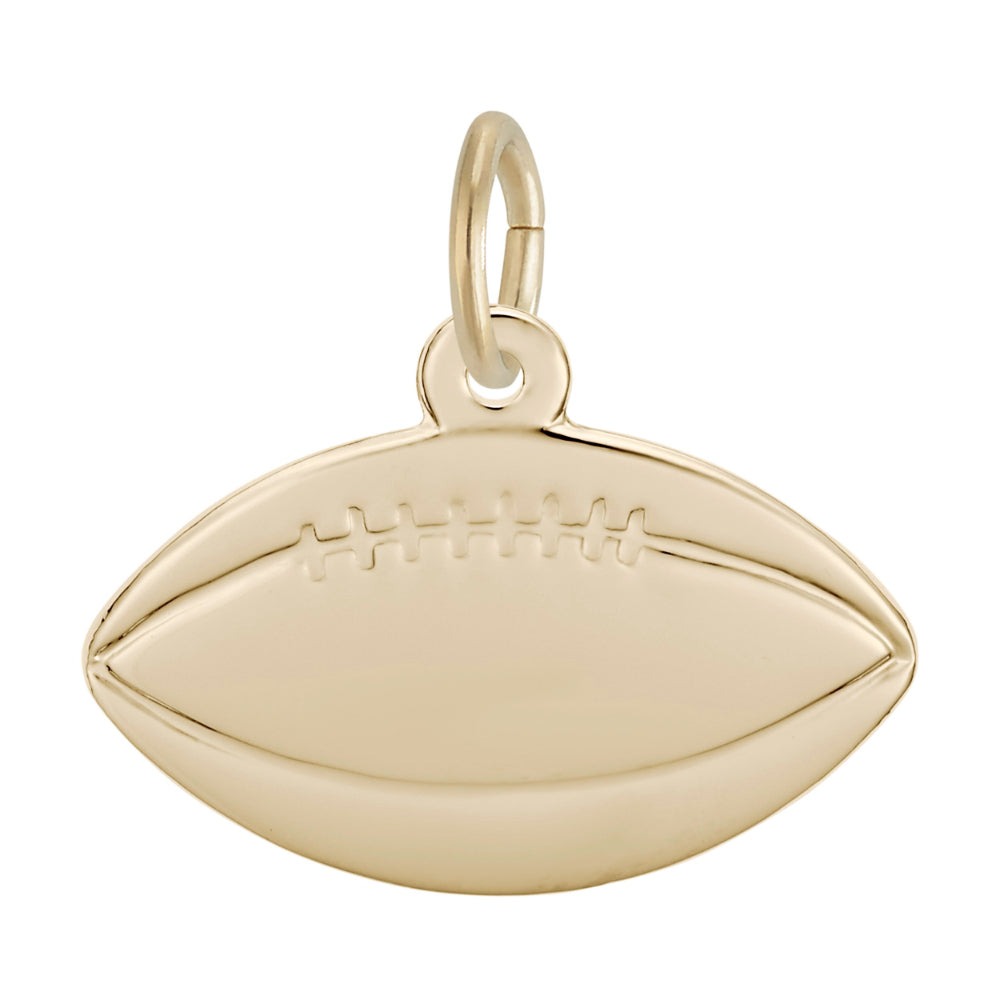 A polished gold football charm with engraved lacing details, shown on a clean white background.