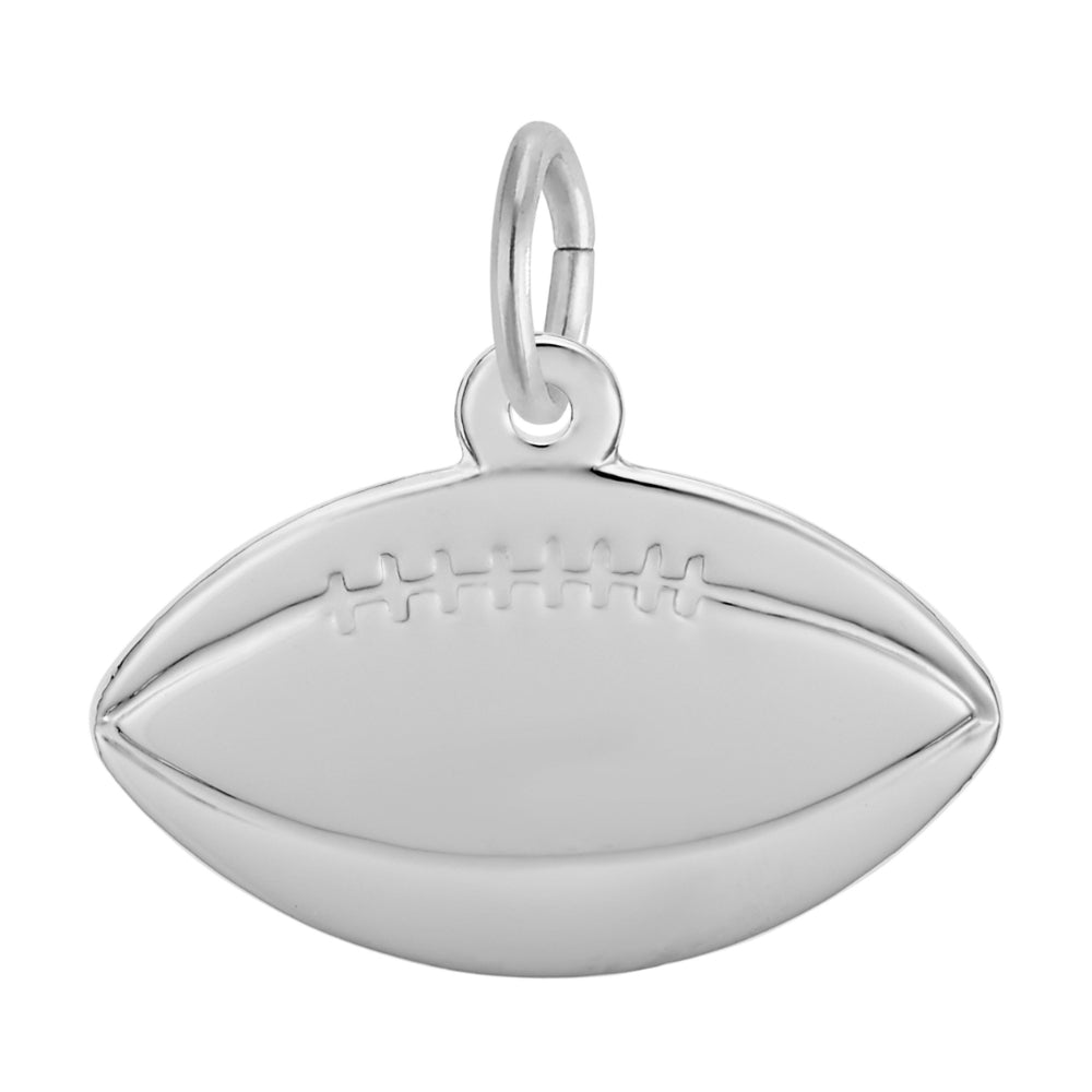 A polished silver football charm with engraved lacing details, shown on a clean white background.