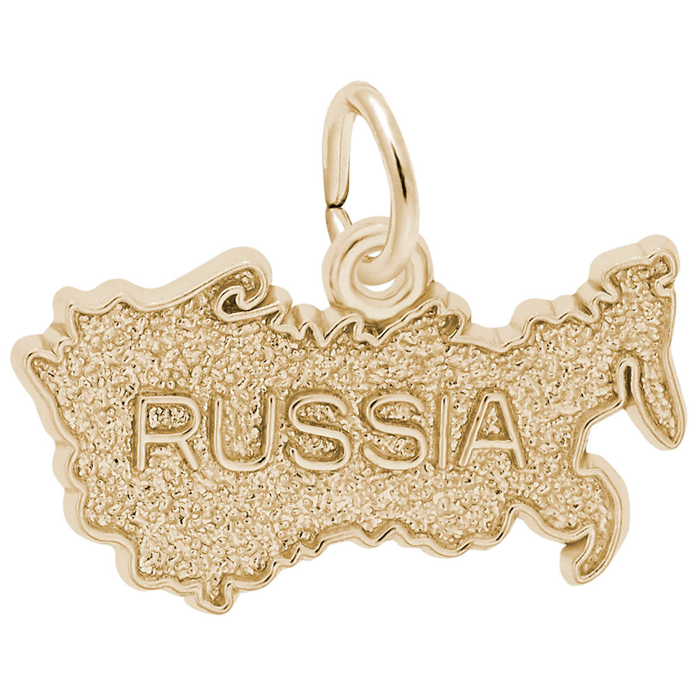 Gold charm shaped like the map of Russia with 'RUSSIA' engraved on a white background
