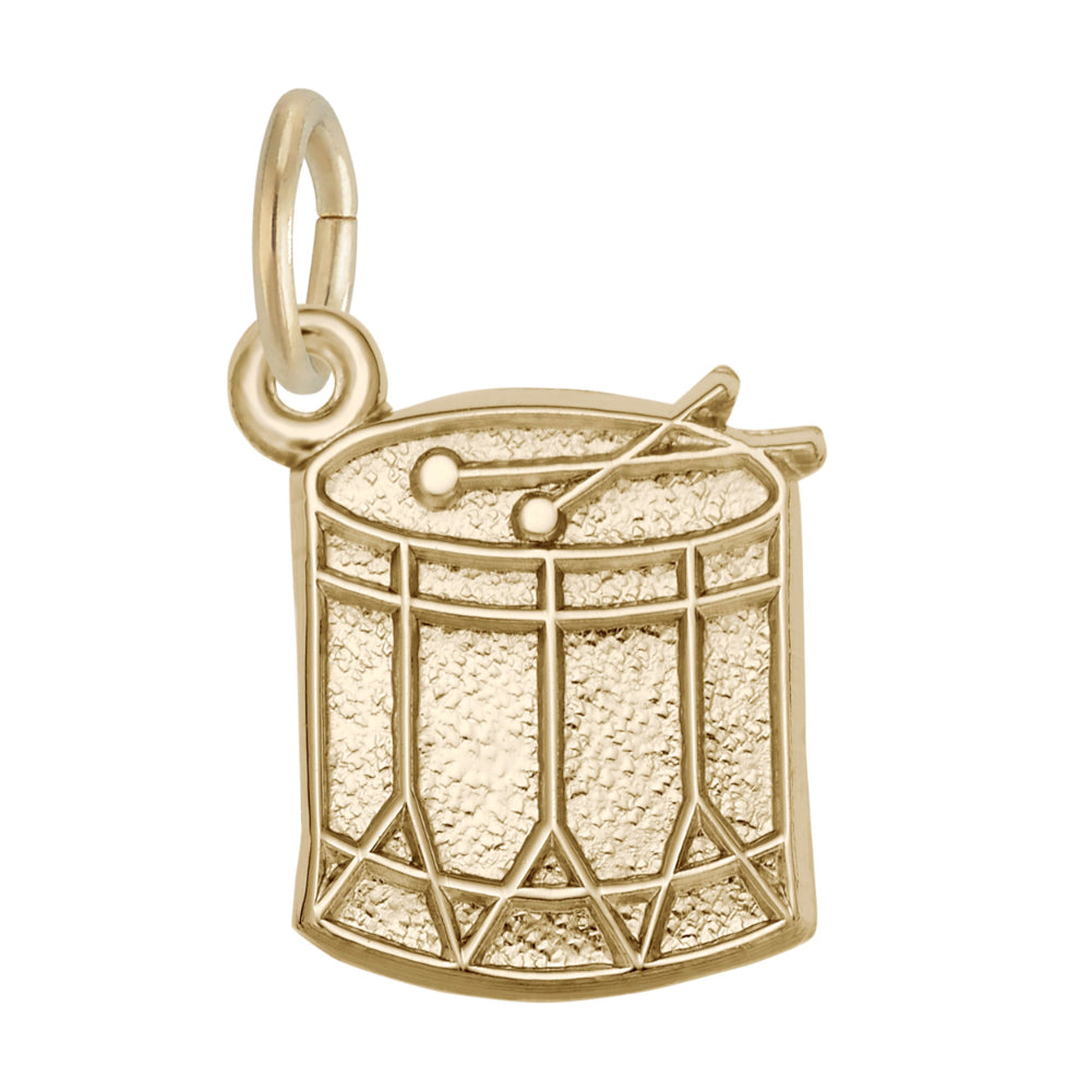 Gold drum and drumsticks charm, shown on a white background