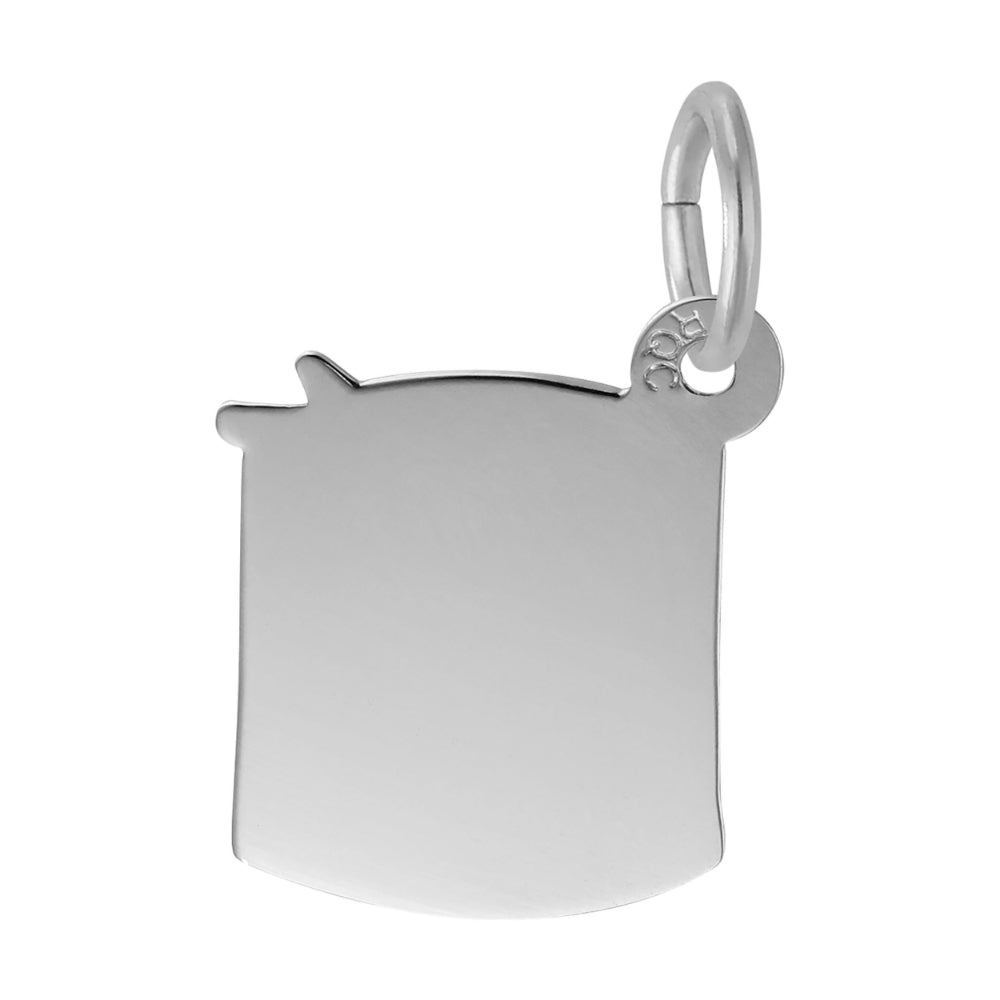 Polished back of a Silver drum and drumsticks charm, shown on a white background