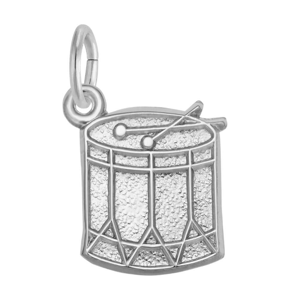 Silver drum and drumsticks charm, shown on a white background