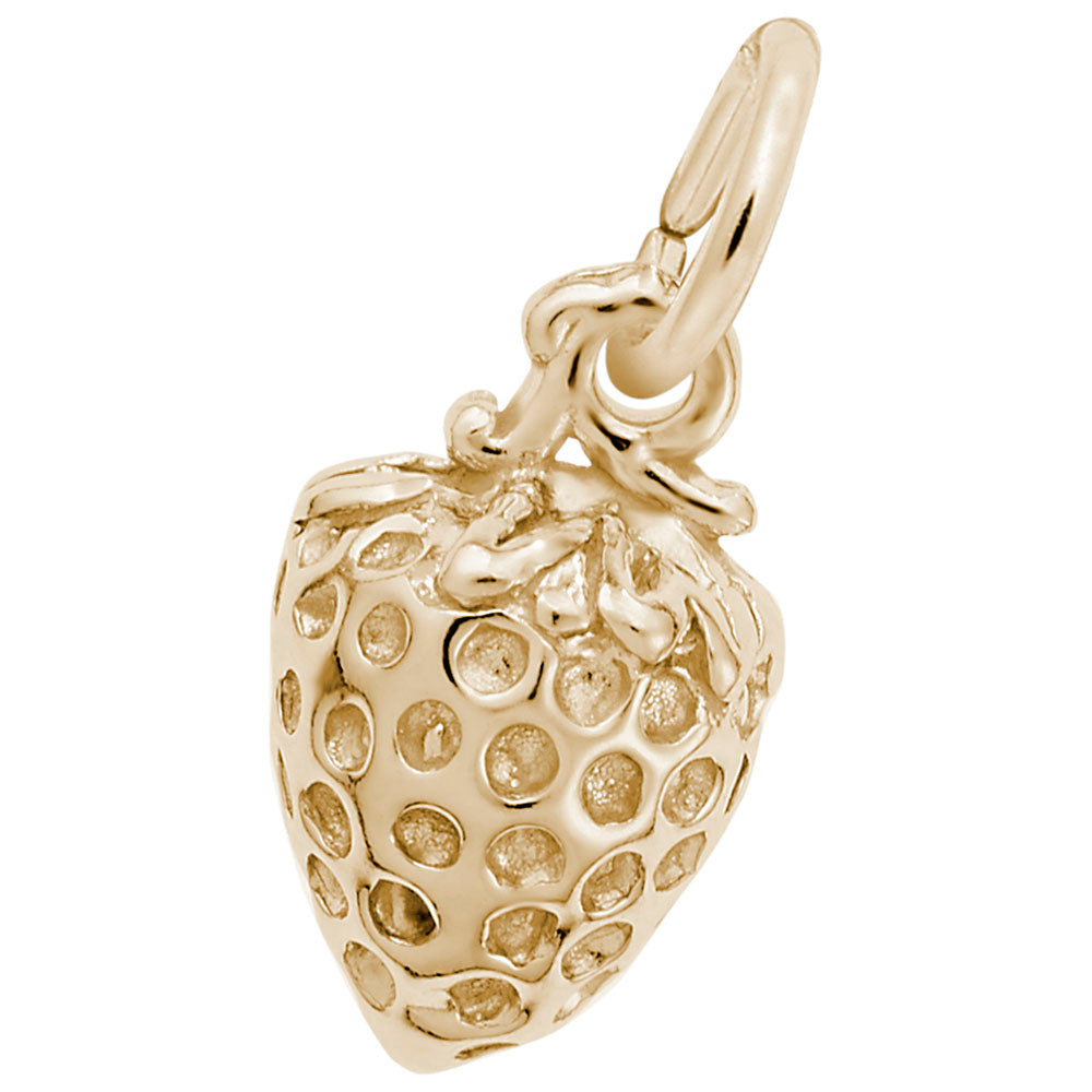Gold strawberry-shaped charm on a white background