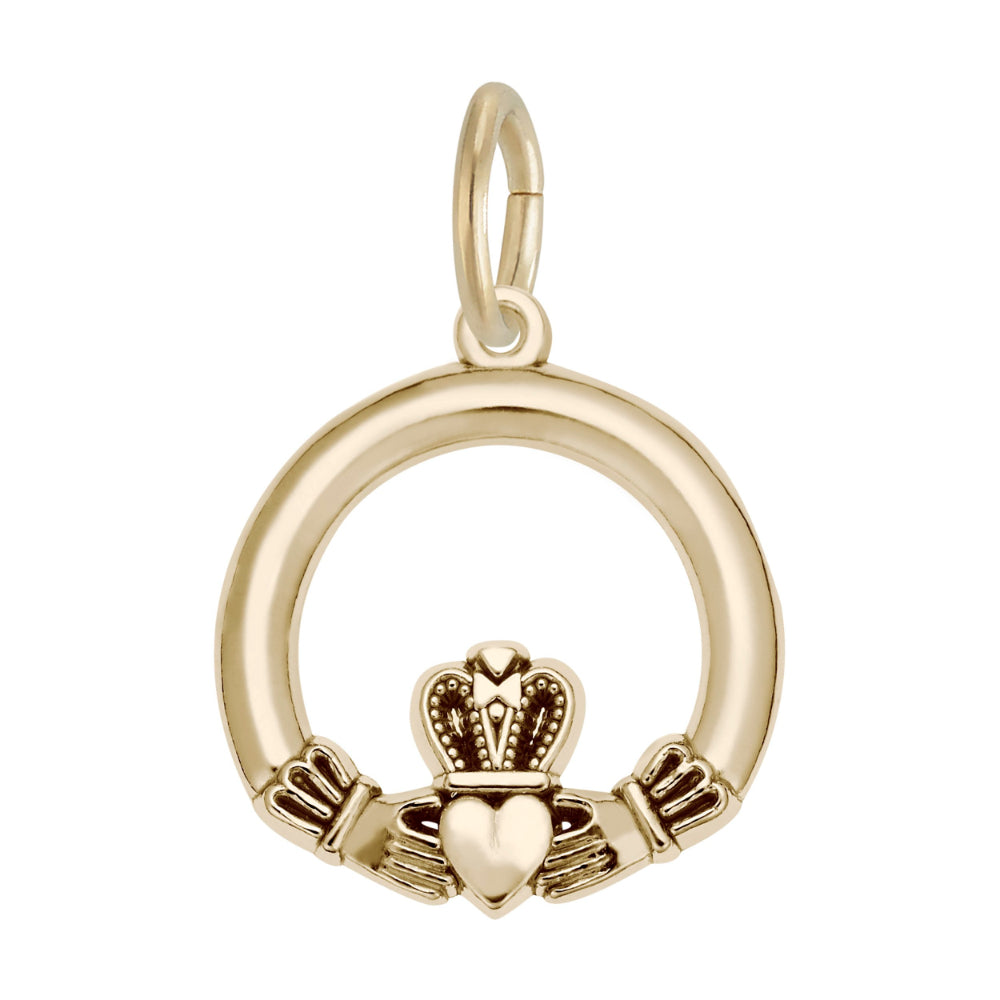 Gold Claddagh pendant on a white background