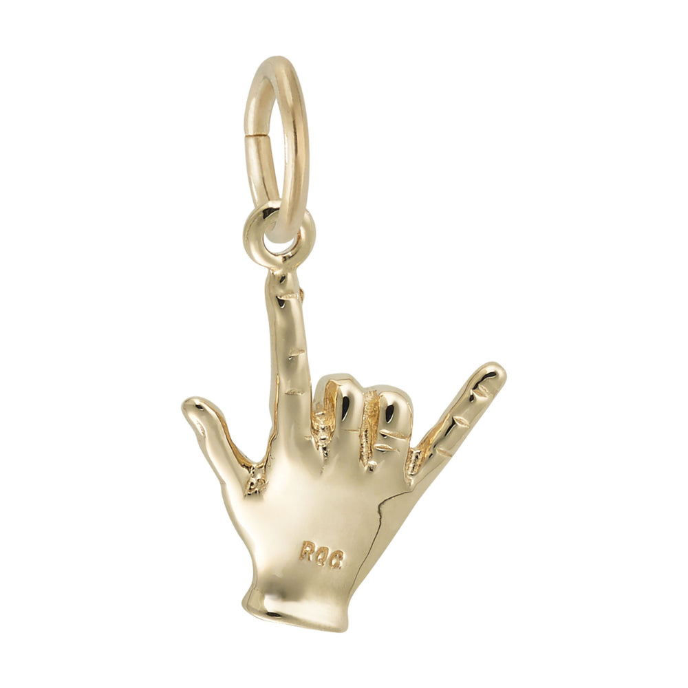 Back of Gold hand charm making the ASL symbol for 'I Love You shown on a white background